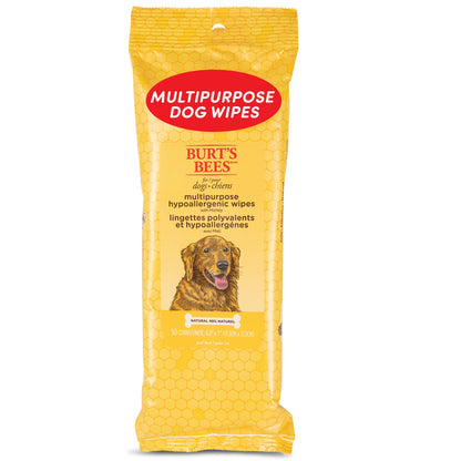 Burt's Bees for Pets Multipurpose Hypoallergenic Dog Wipes - Moisturizing and Deodorizing Grooming Pet Wipes for Dogs, Cruelty Free Pet Cleaning and Bathing Supplies, Puppy Essentials, 50 Count