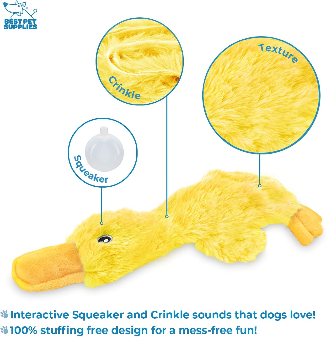 Best Pet Supplies Crinkle Dog Toy for Small, Medium, and Large Breeds, Cute No Stuffing Duck with Soft Squeaker, Fun for Indoor Puppies and Senior Pups, Plush No Mess Chew and Play - Yellow