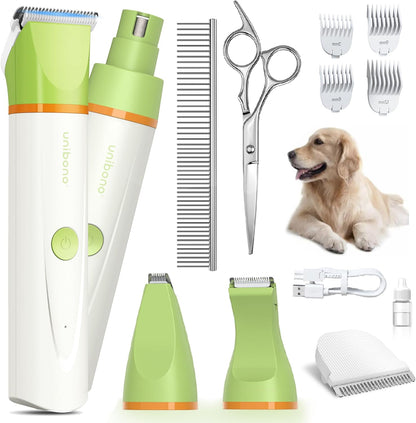 Dog Grooming Clippers Kit, All-in-One Low Noise Dog Paw Trimmer Electric Rechargeable Cordless Small Quiet Pet Foot Shaver Stainless Steel Scissors and Comb for Dogs Cats at Home