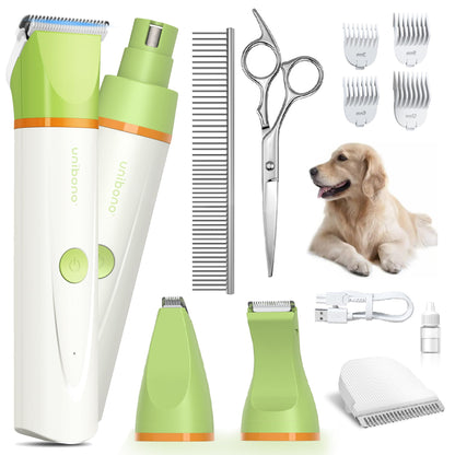 Dog Grooming Clippers Kit, All-in-One Low Noise Dog Paw Trimmer Electric Rechargeable Cordless Small Quiet Pet Foot Shaver Stainless Steel Scissors and Comb for Dogs Cats at Home