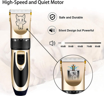 Dog Grooming Kit Clippers, Low Noise, Electric Quiet, Rechargeable, Cordless, Pet Hair Thick Coats Clippers Trimmers Set, Suitable for Dogs, Cats, and Other Pets (Gold)