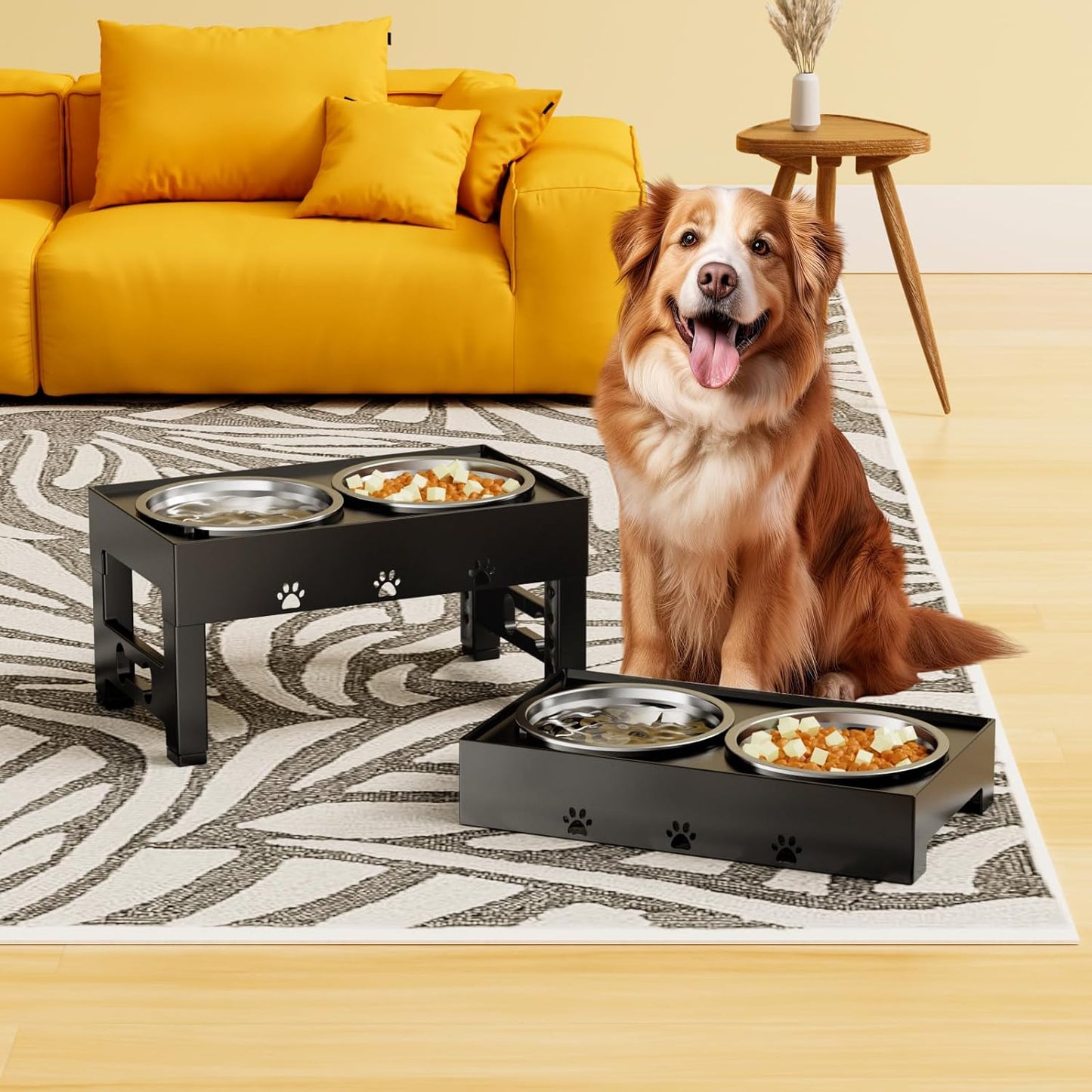 Elevated Dog Bowls with 2 Stainless Steel Dog Food Bowls 5 Height Adjustable Raised Dog Bowl Stand Non-Slip Dog Feeder Adjusts to 3.1”, 9”, 10”, 11”, 12” Tall for Medium Large Dogs - Black