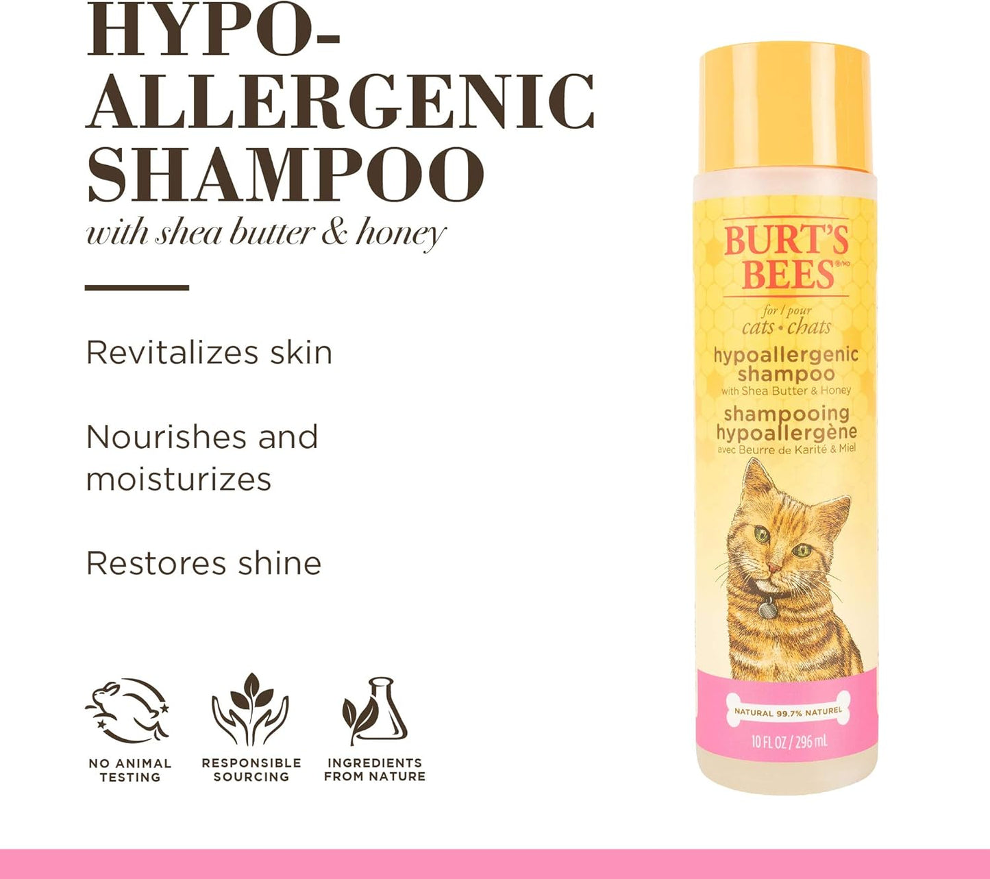 Burt's Bees for Pets Hypoallergenic Cat Shampoo with Shea Butter & Honey - Moisturizing Grooming Pet Shampoo for Cats with Sensitive Skin, Cat Cleaning Supplies, 10 Fl Oz