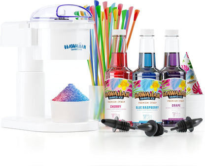 Hawaiian Shaved Ice S700 Kid-Friendly Snow Cone Machine Kit with 3-16oz. Syrup Flavors: Cherry, Grape, and Blue Raspberry, Plus 25 Snow Cone Cups, 25 Spoon Straws, and 3 Black Bottle Pourers