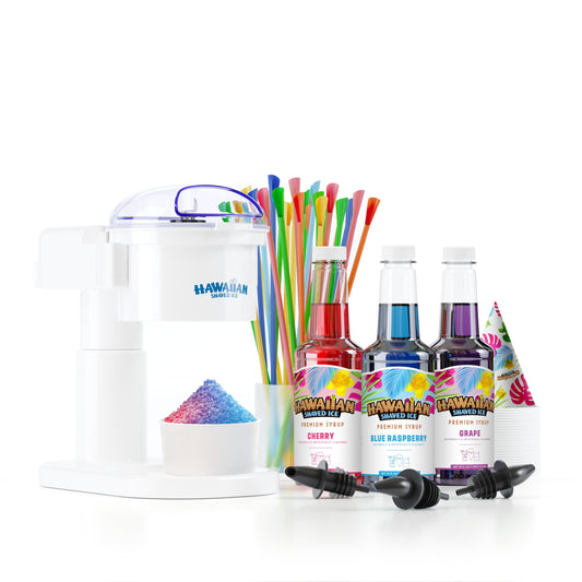 Hawaiian Shaved Ice S700 Kid-Friendly Snow Cone Machine Kit with 3-16oz. Syrup Flavors: Cherry, Grape, and Blue Raspberry, Plus 25 Snow Cone Cups, 25 Spoon Straws, and 3 Black Bottle Pourers