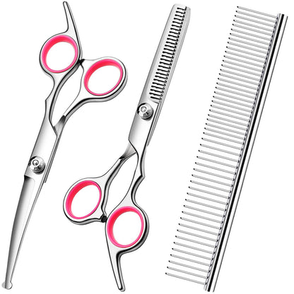 Dog Grooming Scissors with Safety Round Tips Stainless Steel Professional Dog Grooming Kit - Thinning, Curved Scissors and Comb for Dog Cat Pet (Pink 4 in 1)