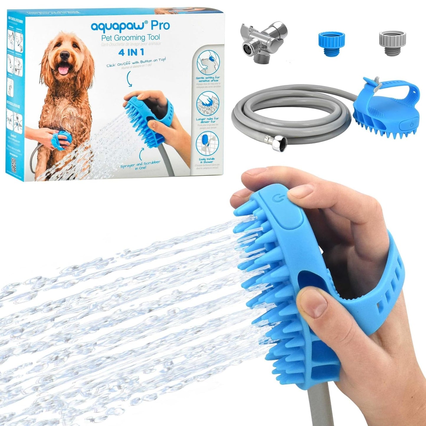 Aquapaw Dog Bath Brush Pro - Sprayer and Scrubber Tool in One - Indoor/Outdoor Dog Bathing Supplies - Pet Grooming for Dogs with Long and Short Hair - Dog Wash with Hose and Dog Shower Attachment