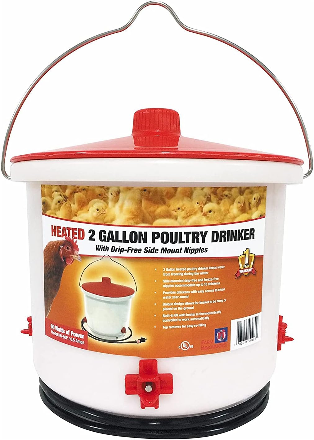 Farm Innovators Heated Chicken Waterer, Poultry Drinker Bucket, 2 Gallon