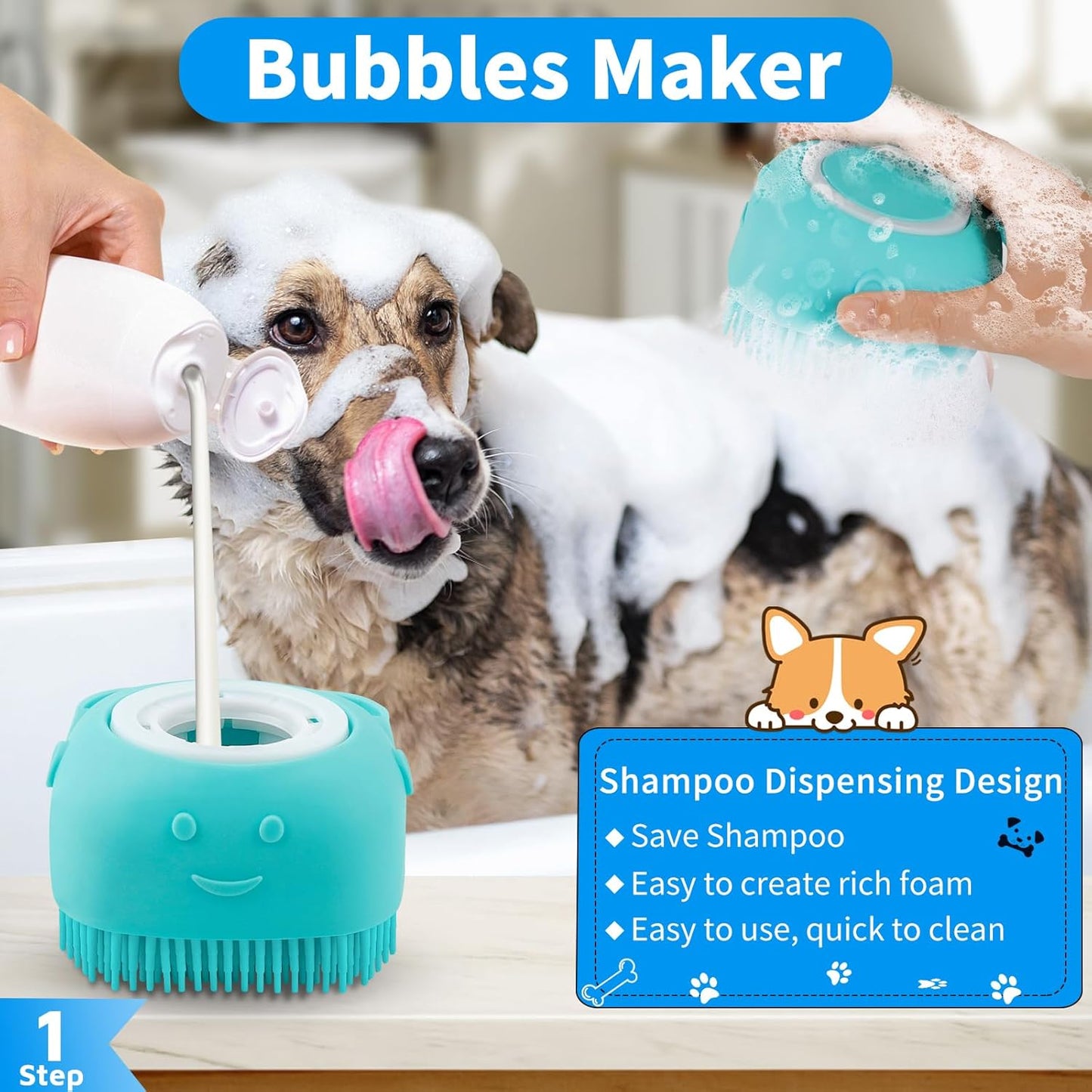 Comotech 3PCS Dog Bath Brush | Dog Shampoo Brush | Dog Scrubber for Bath | Dog/Grooming/Washing Brush Scrubber with Adjustable Ring Handle for Short & Long Haired Dogs/Cats (Blue Blue White)