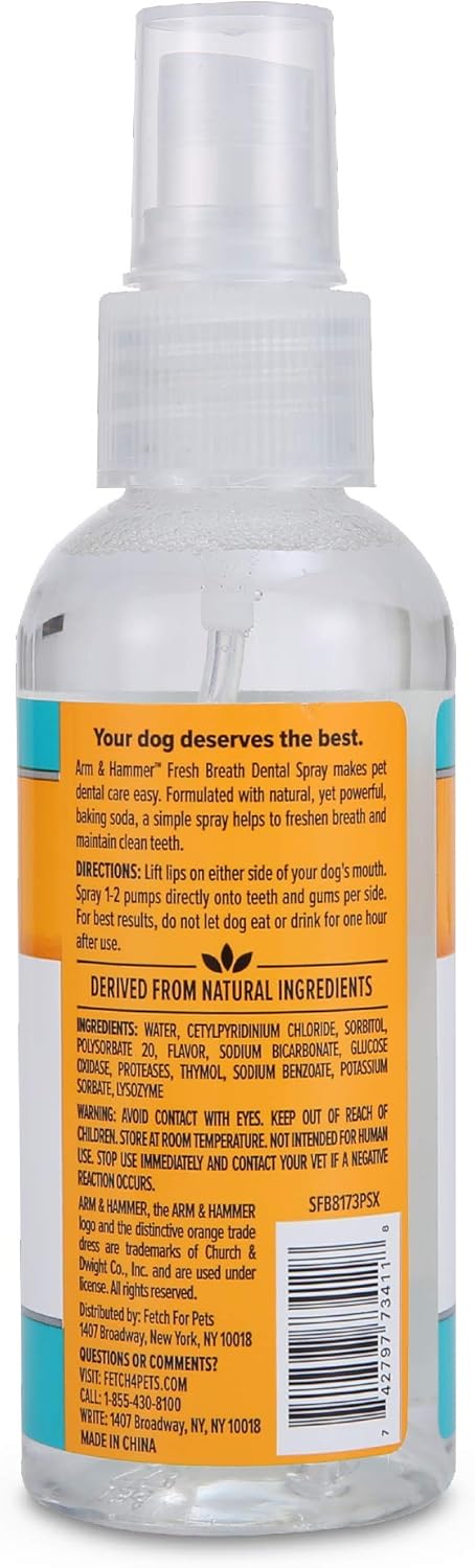 Arm & Hammer for Pets Dog Oral Care Spray - Fresh Breath & Teeth Cleaning Spray - Pet Breath Freshener - Reduce Plaque & Tartar Buildup - Healthy Mouth Hygiene Solution for Dogs - Mint Flavor, 4 Oz