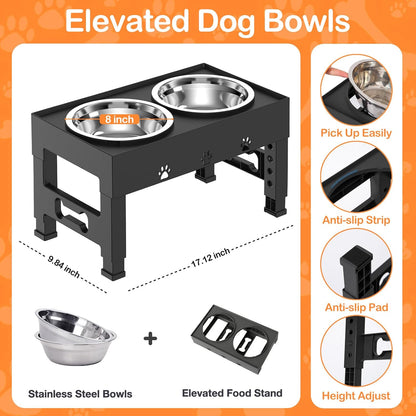 Elevated Dog Bowls with 2 Stainless Steel Dog Food Bowls 5 Height Adjustable Raised Dog Bowl Stand Non-Slip Dog Feeder Adjusts to 3.1”, 9”, 10”, 11”, 12” Tall for Medium Large Dogs - Black