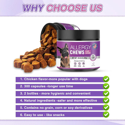 Dog Allergy Chews 300Treats Dog Allergy and Itching Skin Relief Anti Itch Aller Immune Bites for Dogs Itching Itchy Paw Relief Itch Allergy Probiotics Support Chew Vitamins for Skin and Coat Allergies