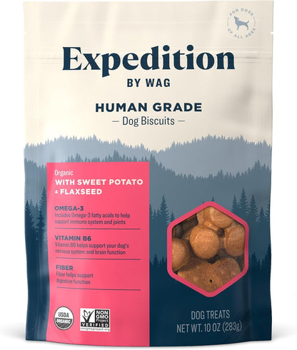 Amazon Brand - Wag Expedition Human Grade Organic Biscuits Dog Treats, Non-GMO, Sweet Potato & Flaxseed, 10oz