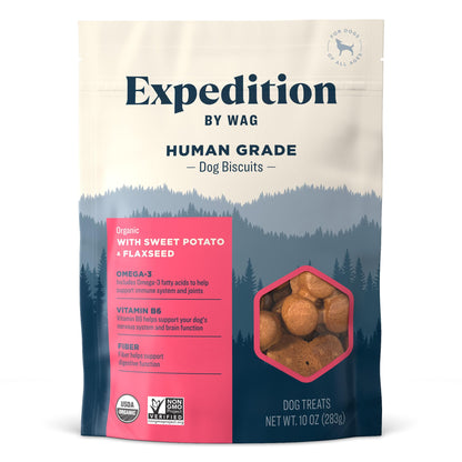 Amazon Brand - Wag Expedition Human Grade Organic Biscuits Dog Treats, Non-GMO, Sweet Potato & Flaxseed, 10oz