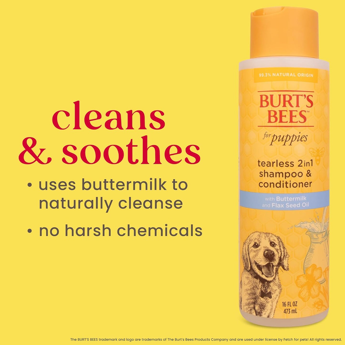 Burt's Bees for Pets Tearless Puppy Shampoo - Naturally Derived Puppy Wash with Buttermilk & Linseed Oil - Safe Natural Dog Shampoo and Conditioner - Gentle Dog Shampoo for All Dogs - 16 Oz