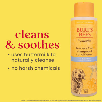 Burt's Bees for Pets Tearless Puppy Shampoo - Naturally Derived Puppy Wash with Buttermilk & Linseed Oil - Safe Natural Dog Shampoo and Conditioner - Gentle Dog Shampoo for All Dogs - 16 Oz