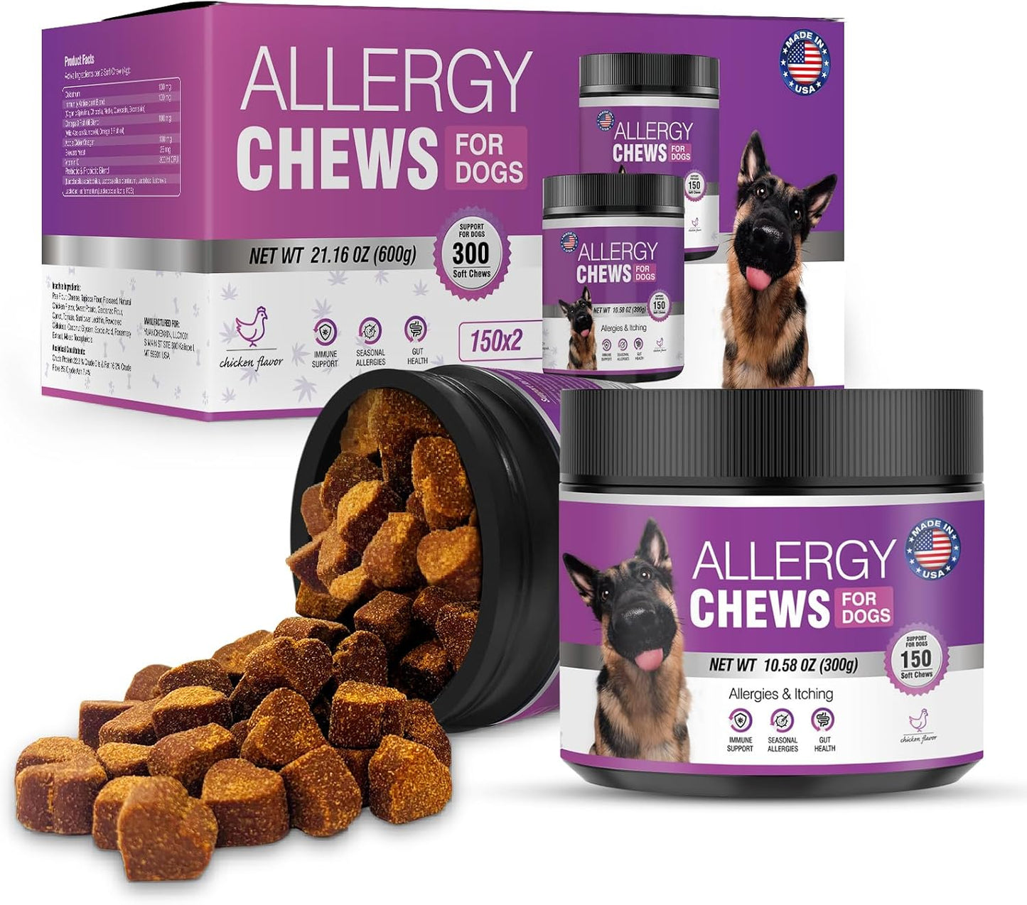 Dog Allergy Chews 300Treats Dog Allergy and Itching Skin Relief Anti Itch Aller Immune Bites for Dogs Itching Itchy Paw Relief Itch Allergy Probiotics Support Chew Vitamins for Skin and Coat Allergies