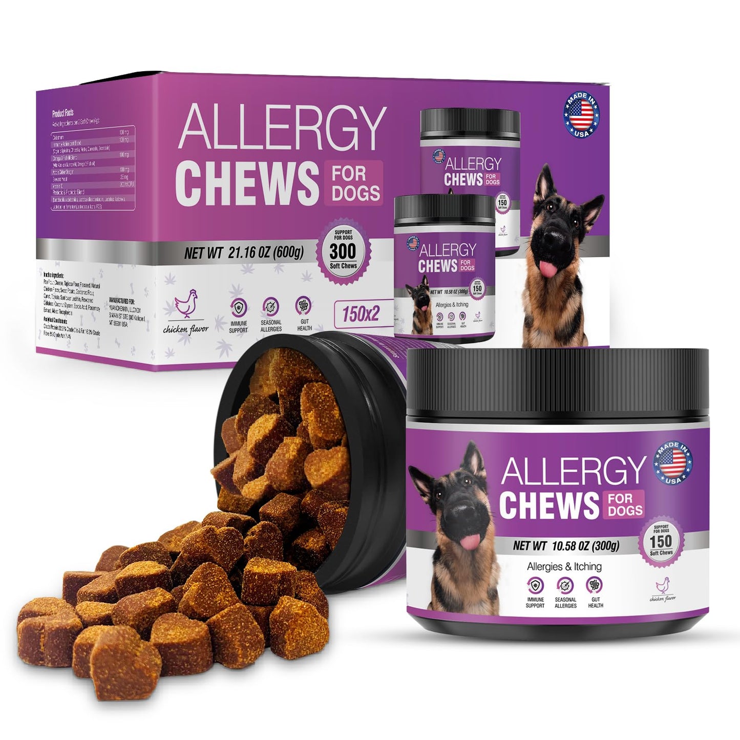 Dog Allergy Chews 300Treats Dog Allergy and Itching Skin Relief Anti Itch Aller Immune Bites for Dogs Itching Itchy Paw Relief Itch Allergy Probiotics Support Chew Vitamins for Skin and Coat Allergies