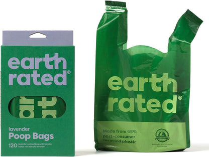 Earth Rated Dog Poop Bags with Handles, Extra Wide, Easy Tie and Guaranteed Leakproof, Lavender Scented, 120 Handle Bags