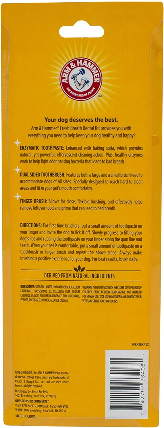 Arm & Hammer for Pets Fresh Breath Enzymatic Dog Dental Care Kit - Includes Dog Toothpaste, Dual Sided Toothbrush and Fingerbrush - Bad Breath Treatment, Chicken Flavor, 2.5 Ounce