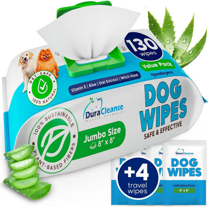 Dog Wipes for Paws and Butt - 130 Count + 4 Travel Puppy Wipes - 8" x 8" Large Dog Grooming Bath Wipes | Hypoallergenic Dog Face Wipes, Extra Thick Cleaning Deodorizing Pet Wipes for Dogs, Cats, Pets