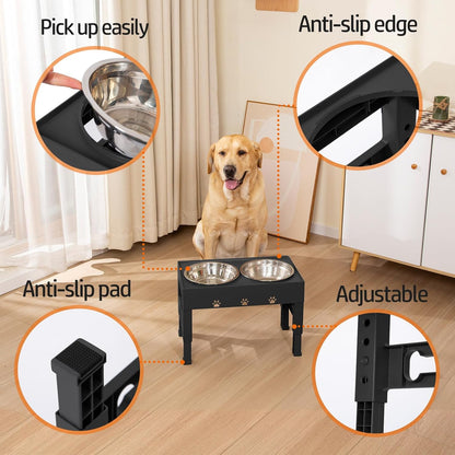 Elevated Dog Bowls with 2 Stainless Steel Dog Food Bowls 5 Height Adjustable Raised Dog Bowl Stand Non-Slip Dog Feeder Adjusts to 3.1”, 9”, 10”, 11”, 12” Tall for Medium Large Dogs - Black