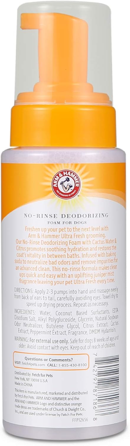 Arm & Hammer for Pets Ultra Fresh Dog Deodorizing Foam, Juniper Mist Scent - No Rinse Waterless Dog Shampoo for Smelly Dogs, Pet Deodorizer, Bathing Supplies, 8 Fl Oz