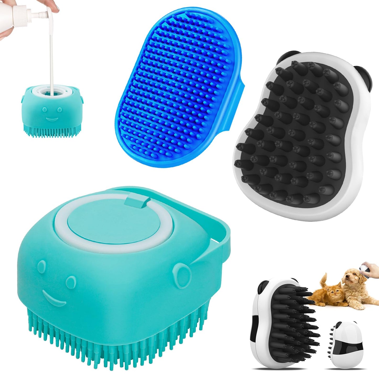 Comotech 3PCS Dog Bath Brush | Dog Shampoo Brush | Dog Scrubber for Bath | Dog/Grooming/Washing Brush Scrubber with Adjustable Ring Handle for Short & Long Haired Dogs/Cats (Blue Blue White)