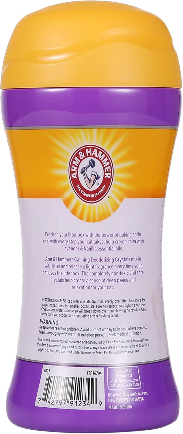 Arm & Hammer Cat Crystal Deodorizer for Kitty Litter Box - Calming Lavender & Vanilla Scented Cat Litter Smell Eliminator - Crystal Odor Control for Cats Mess Cleanup - Pet Home Supplies, 15 Oz