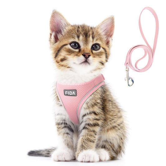 Fida Cat Harness and Leash Set for Walking Kitten and Puppy, Escape Proof Kitten Harness with Breathable Lightweight Soft Mesh, Adjustable Reflective Step-in Design. (XXXS, Pink)