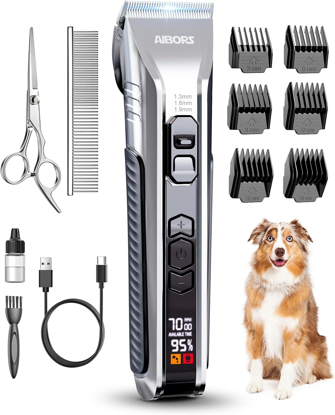 Dog Clippers for Grooming, AIBORS Dog Shavers Kit for Grooming, Low Noise, Rechargeable Cordless Hair Clippers for Dogs Cats Pets, USB C Charging, Quite Dog Hair Trimmer with Ceramic Blade