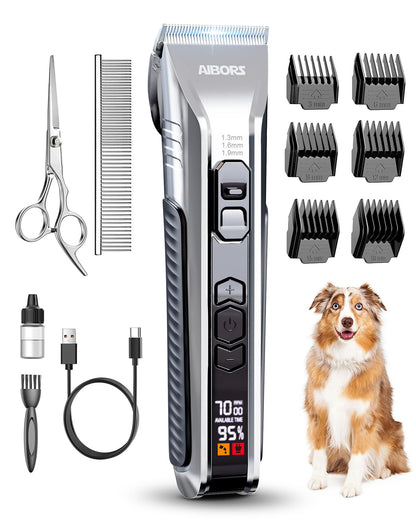 Dog Clippers for Grooming, AIBORS Dog Shavers Kit for Grooming, Low Noise, Rechargeable Cordless Hair Clippers for Dogs Cats Pets, USB C Charging, Quite Dog Hair Trimmer with Ceramic Blade