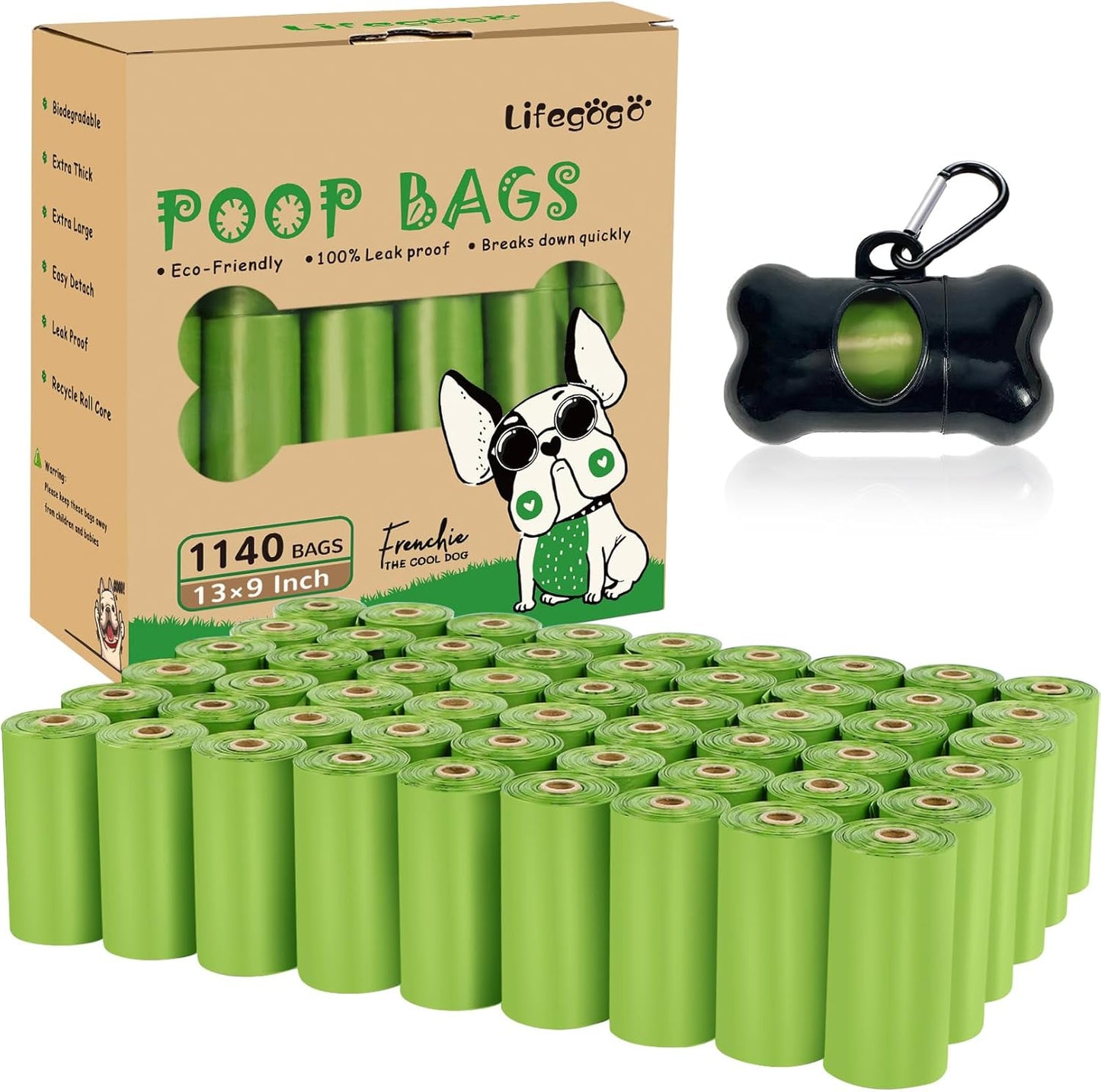 Dog Poop Bag 1140 Counts 57 Rolls, Unscented Doggy Poop Bags, Leak-Proof Dog Bags for Poop, Dog Waste Bags with Dispenser - Green (13 x 9 Inches)