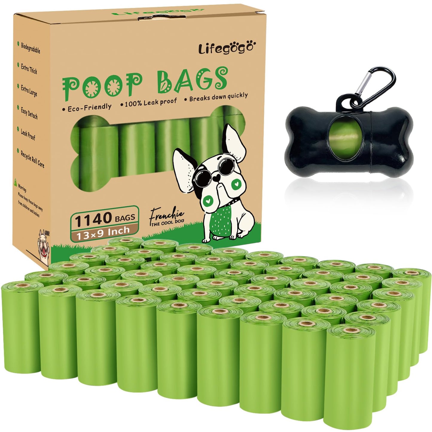 Dog Poop Bag 1140 Counts 57 Rolls, Unscented Doggy Poop Bags, Leak-Proof Dog Bags for Poop, Dog Waste Bags with Dispenser - Green (13 x 9 Inches)