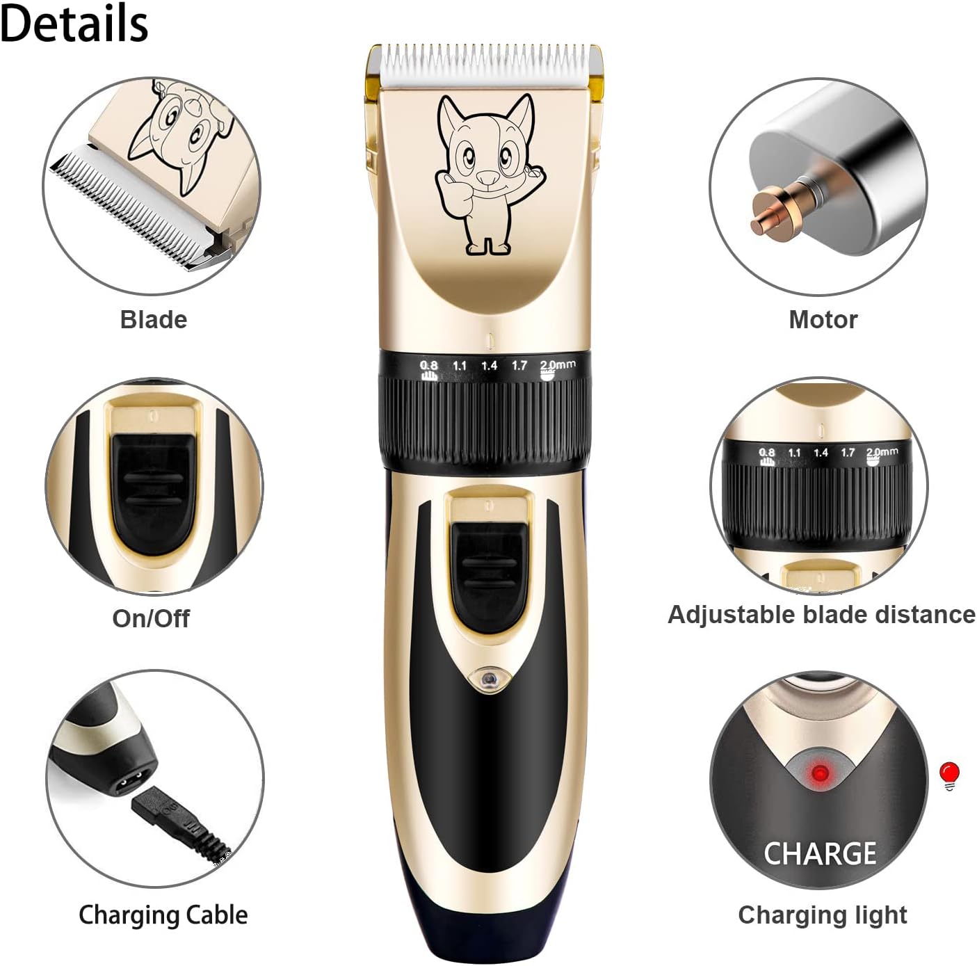 Dog Grooming Kit Clippers, Low Noise, Electric Quiet, Rechargeable, Cordless, Pet Hair Thick Coats Clippers Trimmers Set, Suitable for Dogs, Cats, and Other Pets (Gold)