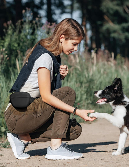 Dog Treat Pouch with Training Clicker, Upgrade Stronger Magnetic Closure to Avoid Spilling, 1.67 Cup Silicone Treat Bag Fanny Pack with Waist Belt for Pet Training Walking (Black)