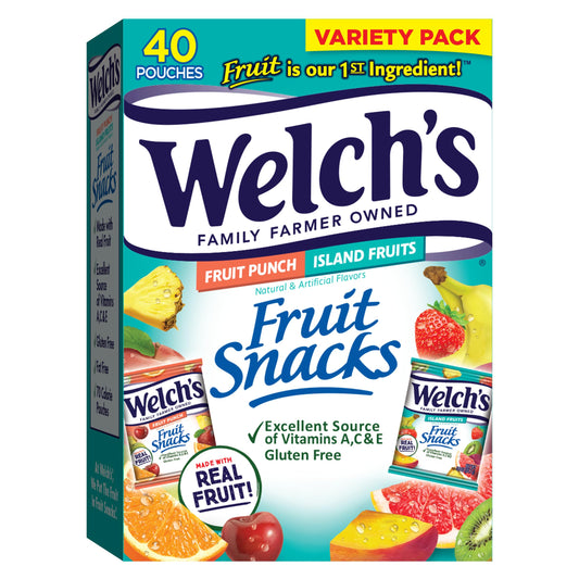 Welch's Fruit Snacks, Fruit Punch & Island Fruits Variety Pack, Perfect Stocking Stuffer, Bulk Pack, Gluten Free, Individual Single Serve Bags, 0.8 oz (Pack of 40)