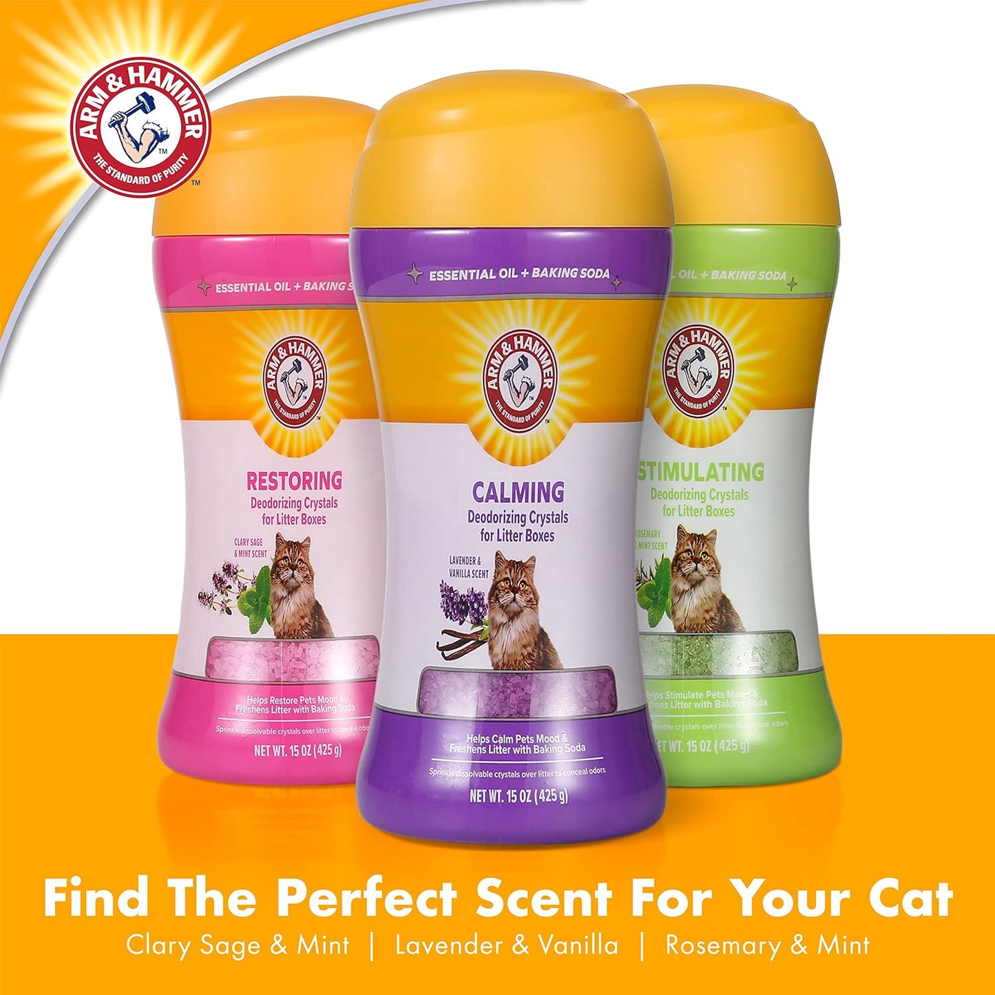 Arm & Hammer Cat Crystal Deodorizer for Kitty Litter Box - Calming Lavender & Vanilla Scented Cat Litter Smell Eliminator - Crystal Odor Control for Cats Mess Cleanup - Pet Home Supplies, 15 Oz