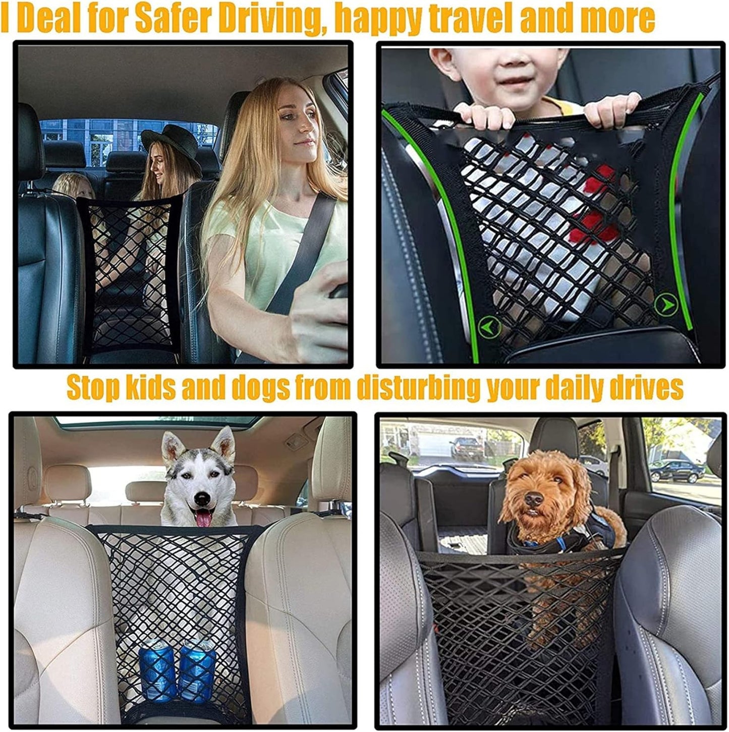 DYKESON Dog Car Net Barrier Pet Barrier with Auto Safety Mesh Organizer Baby Stretchable Storage Bag Universal for Cars, SUVs -Easy Install, Car Divider for Driving Safely with Children & Pets