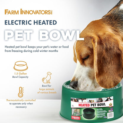 Farm Innovators 1.5 Gallon 60 Watt Electric Powered Heated Pet Water Bowl with Thermostatic Control and Anti Chew Cord, Green