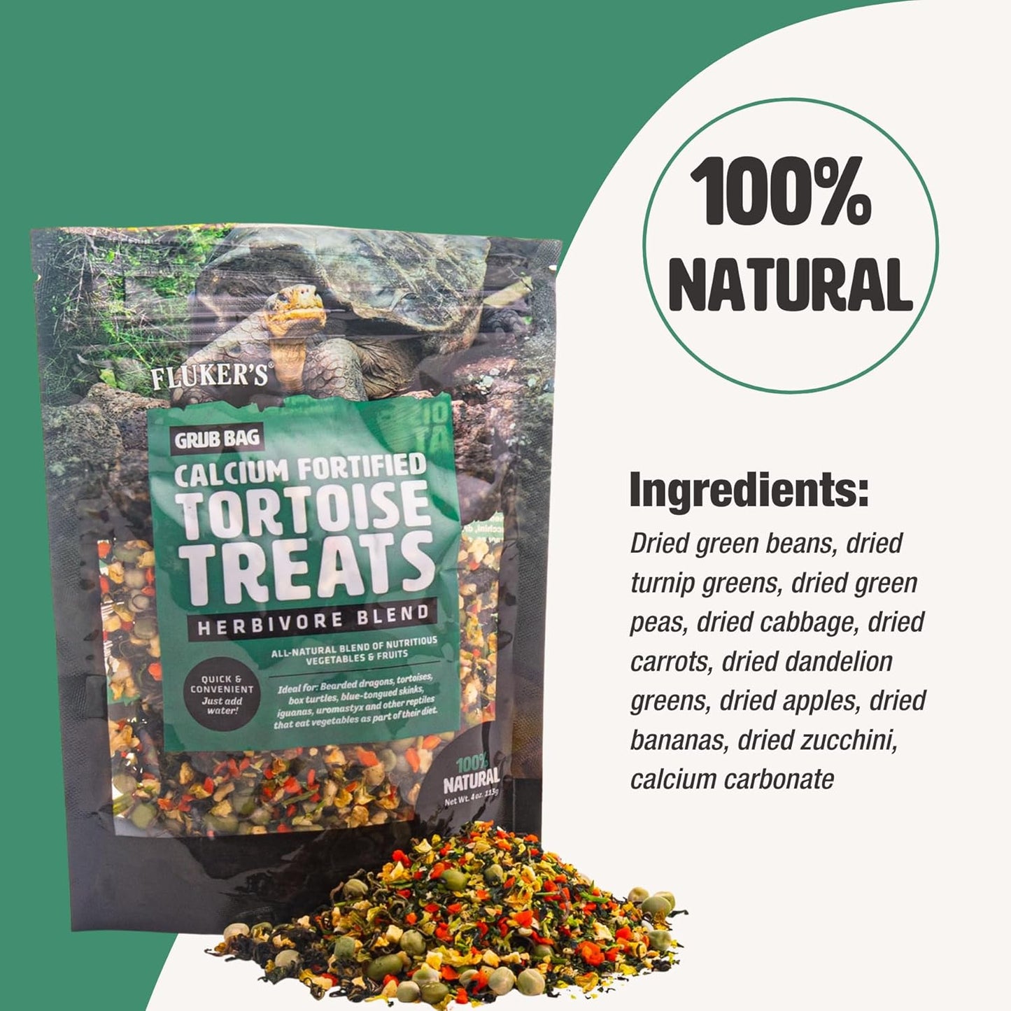 Fluker's Grub Bag Calcium Fortified Tortoise Treats, All Natural Herbivore Blend Fruits and Vegetables, for Tortoise and Herbivore Pets, 4 oz