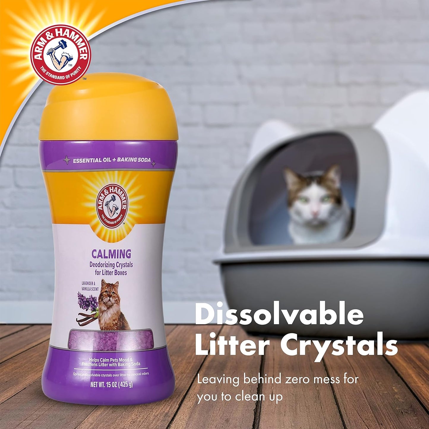 Arm & Hammer Cat Crystal Deodorizer for Kitty Litter Box - Calming Lavender & Vanilla Scented Cat Litter Smell Eliminator - Crystal Odor Control for Cats Mess Cleanup - Pet Home Supplies, 15 Oz