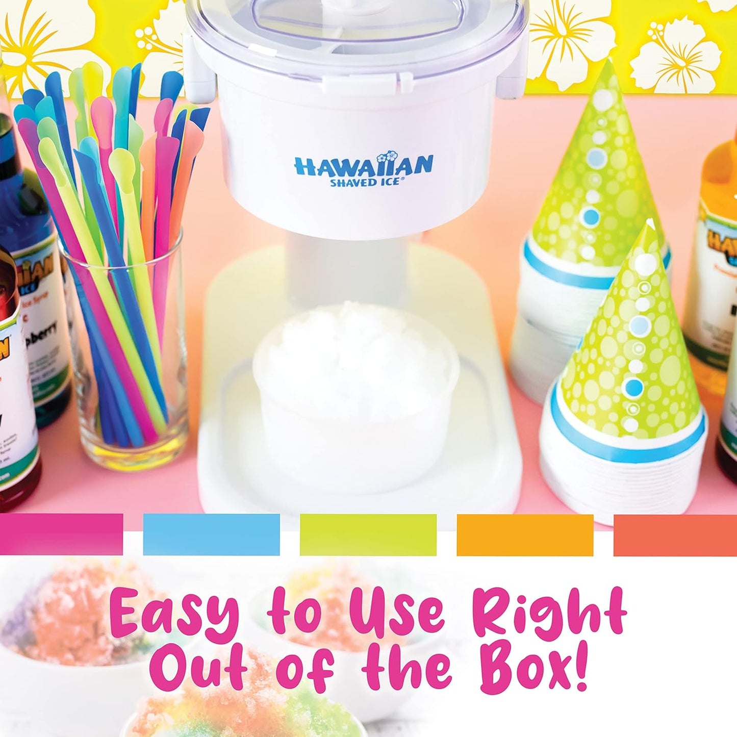 Hawaiian Shaved Ice S700 Kid-Friendly Snow Cone Machine Kit with 3-16oz. Syrup Flavors: Cherry, Grape, and Blue Raspberry, Plus 25 Snow Cone Cups, 25 Spoon Straws, and 3 Black Bottle Pourers