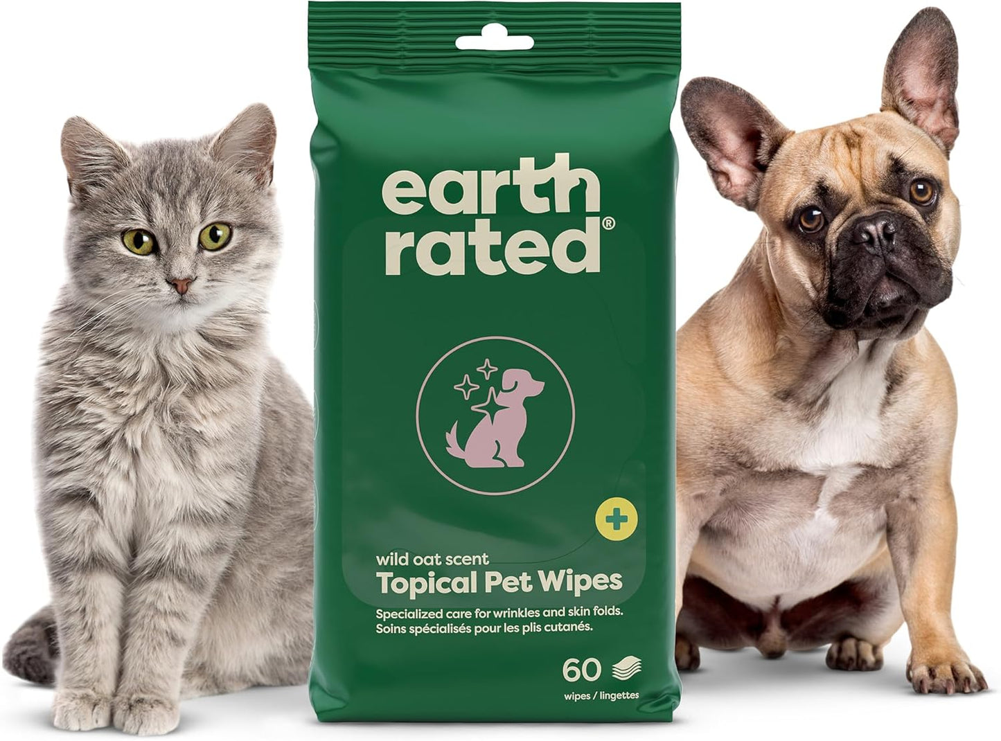 Earth Rated Itch Relief Topical Pet Wipes for Dogs & Cats for Sensitive Areas, Aids in Hot Spots & Cat Acne Relief, Wild Oat Scent, 60 Count