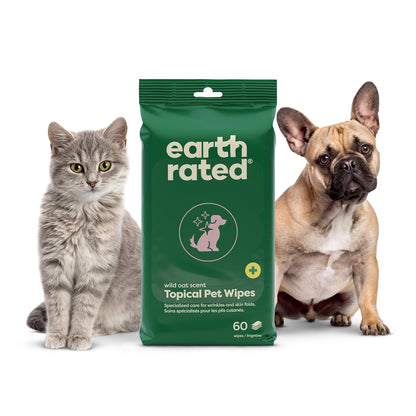 Earth Rated Itch Relief Topical Pet Wipes for Dogs & Cats for Sensitive Areas, Aids in Hot Spots & Cat Acne Relief, Wild Oat Scent, 60 Count