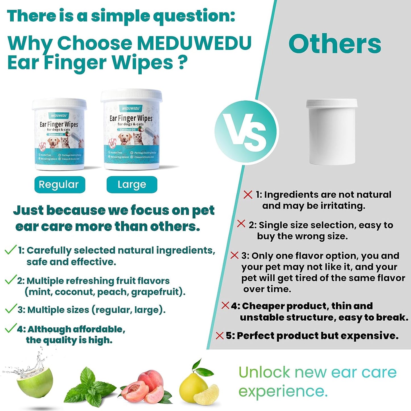 Ear Cleaner Finger Wipes 60 Counts, Dog Ear Cleaner, Grooming Kit Care for Dogs and Cats, Soft & Easy Otic Cleaning Pads, Remove Wax, Dirt & Stop Smelly, Itchy, Non-Irritating, Coconut Scent