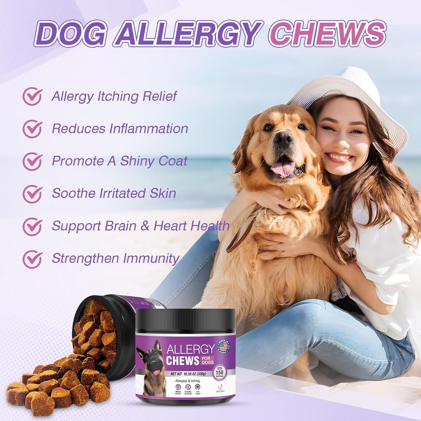 Dog Allergy Chews 300Treats Dog Allergy and Itching Skin Relief Anti Itch Aller Immune Bites for Dogs Itching Itchy Paw Relief Itch Allergy Probiotics Support Chew Vitamins for Skin and Coat Allergies