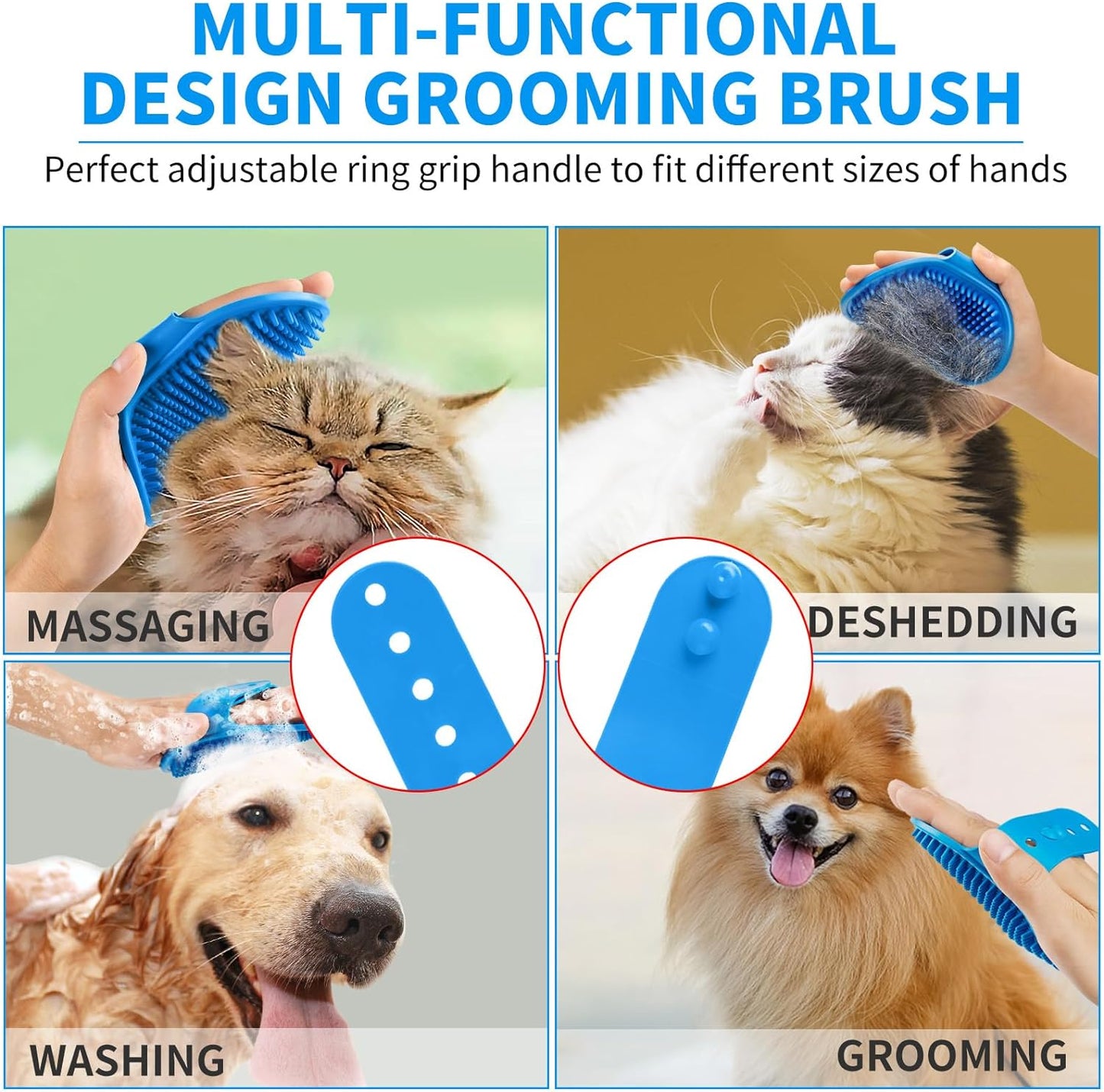 Comotech 3PCS Dog Bath Brush | Dog Shampoo Brush | Dog Scrubber for Bath | Dog Bath Brush Scrubber | Dog Shower/Washing Brush with Adjustable Ring Handle for Short & Long Hair (Blue Blue Blue)