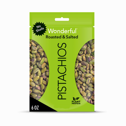 Wonderful Pistachios No Shells, Roasted & Salted Nuts, 6 Ounce Resealable Bag, Protein Snacks, Gluten Free, Healthy Snacks for Adults