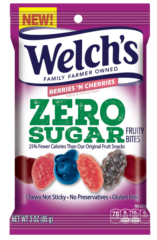 Welch’s Fruit Snacks, Zero Sugar Fruity Bites, Perfect for School Lunches, Berries 'N Cherries, Gluten Free, 3 oz (Pack of 1)